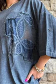 Lindin Linen Blend Crochet Flower Top Washed Navy
